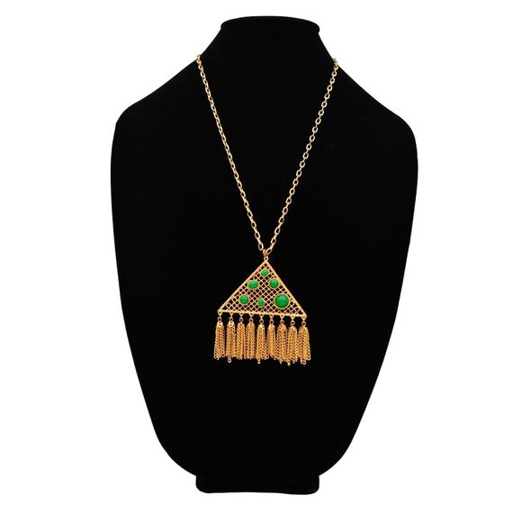 Cabochon Chain Tassel Necklace Pendant Green Gold Tone Dangle Vintage BinR - Picture 4 of 12